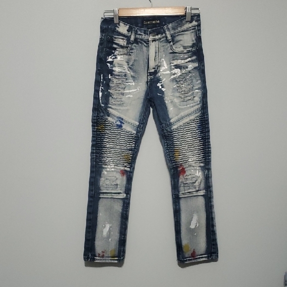 GS-115 Denim Jeans Boys Size 12 Blue Moto Paint Dye Splatter Artzy Art - Picture 2 of 13